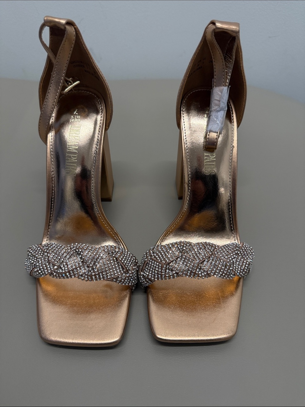 Dream Pairs Rose Gold Braided Crystal Strap Block Heels